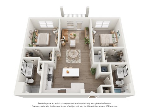 Floor plan for 2 beds, 2 baths, 1055 sqft